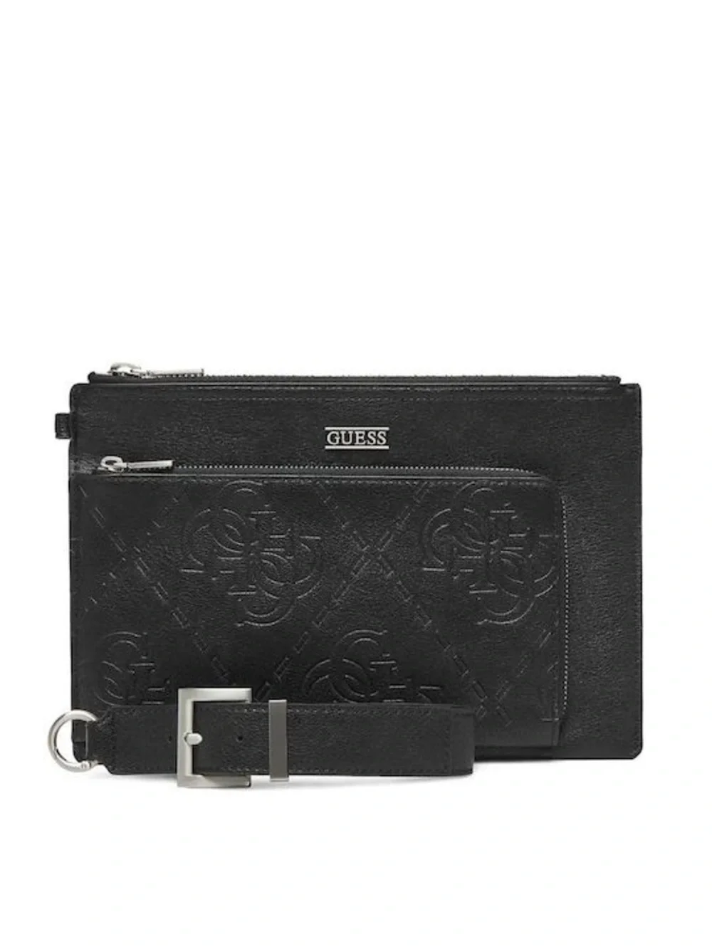 New GUESS Black Embossed Leather Zip-Top Wristlet Clutch